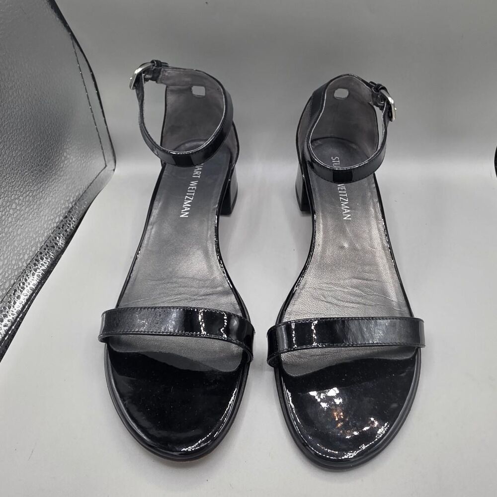 Stuart Weitzman Nudistjune Black Patent Leather Low Block Heel Sandals Size 9.5 - Picture 4 of 9